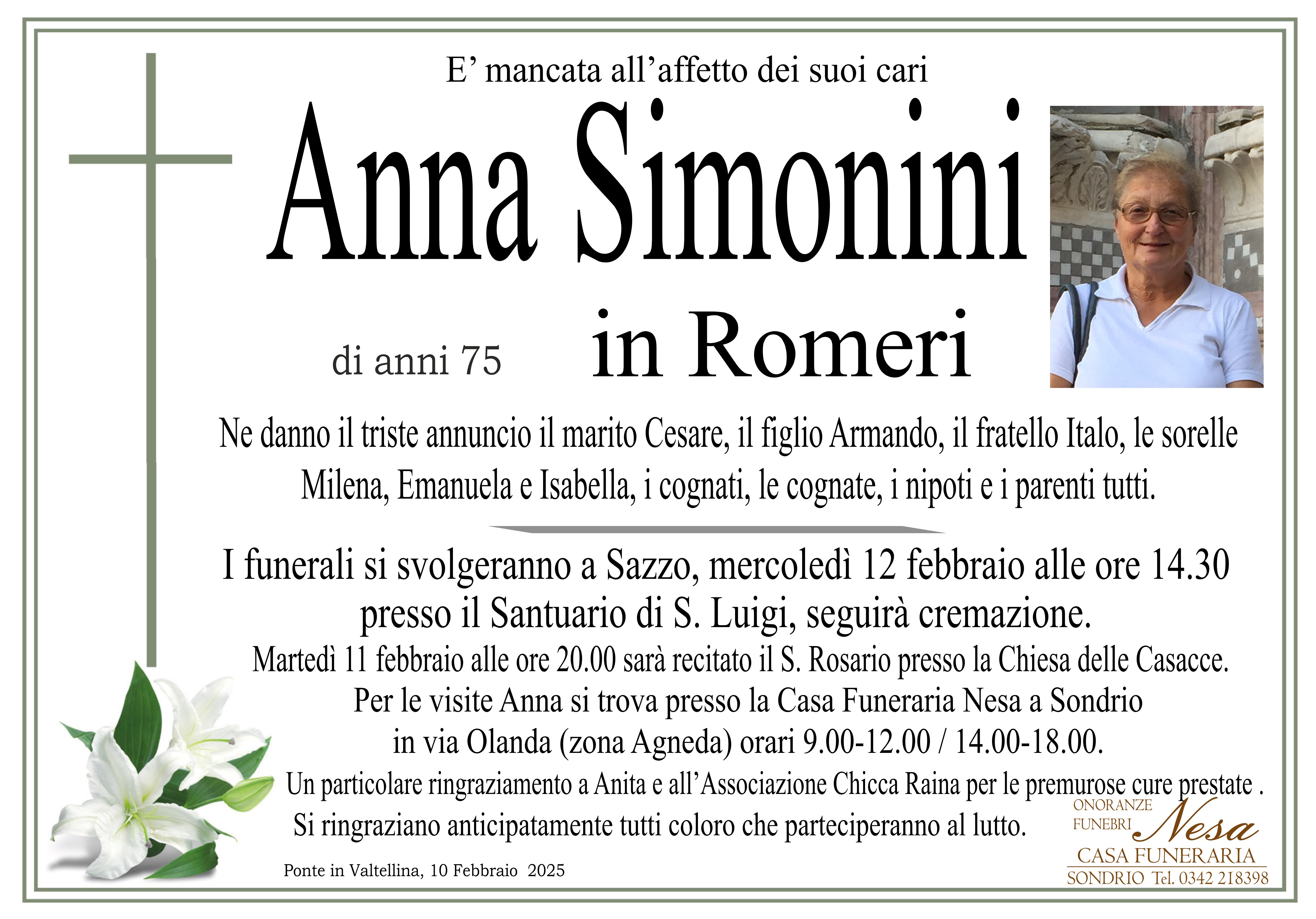 Necrologio Anna Simonini in Romeri